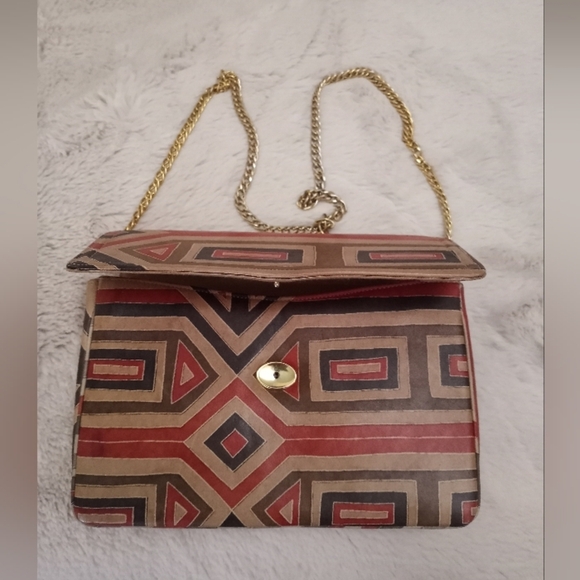 Vintage 50's Morris Moskowitz Leather Geometric Print Earth Tone Chain Strap Bag - Picture 2 of 8